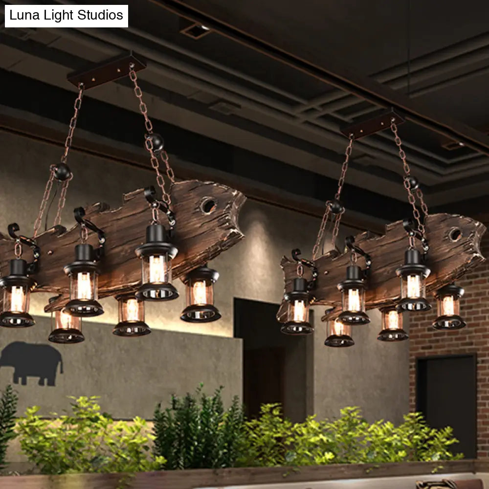 Rustic Fish Shaped Wood Hanging Lamp - 6 Heads Island Lighting With Lantern Shade In Brown