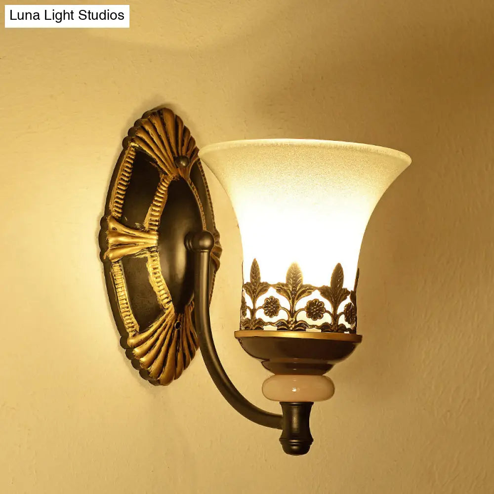 Rustic Flared Bedroom Sconce Wall Lamp With Frosted White Glass