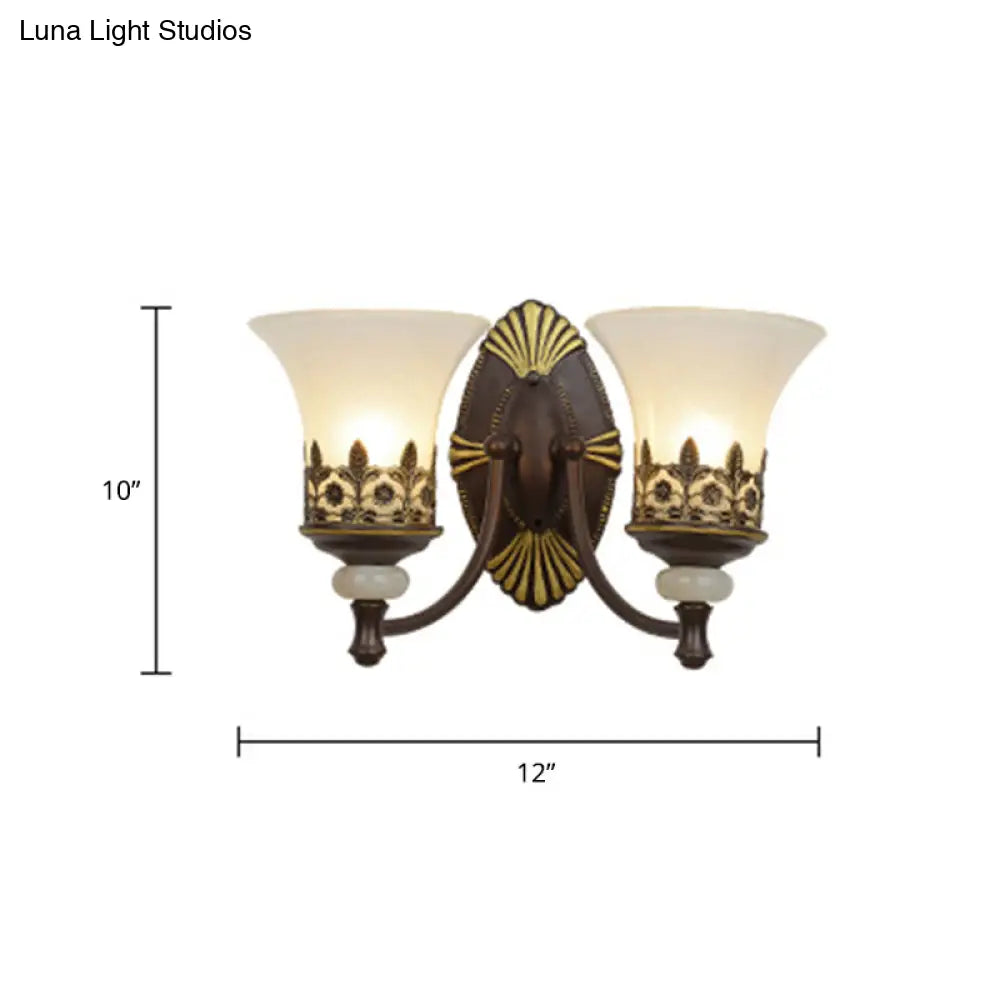 Rustic Flared Bedroom Sconce Wall Lamp With Frosted White Glass