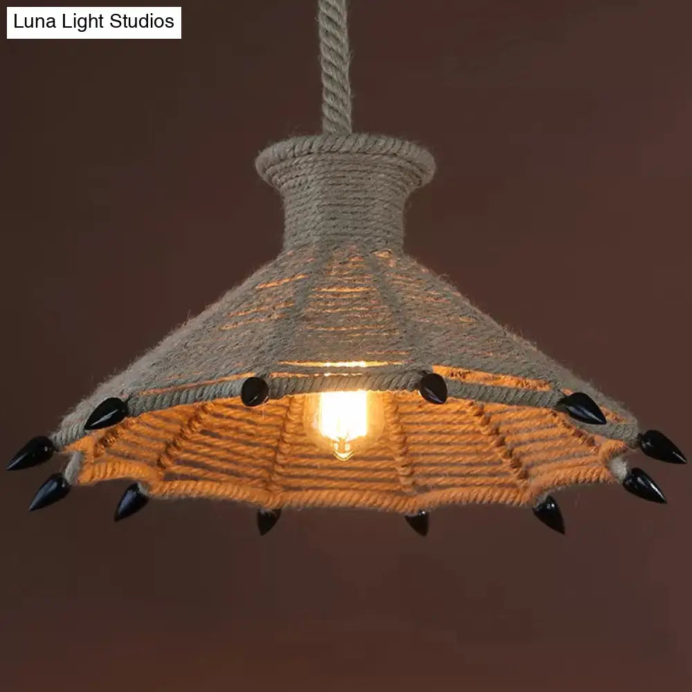 Rustic Flared Pendant Lamp With Natural Rope Suspension - Single-Bulb Light Fixture In Black/Brown