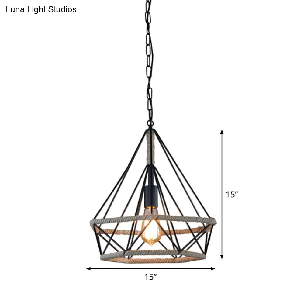 Rustic Single-Bulb Pendant Lamp With Natural Rope - Black/Brown