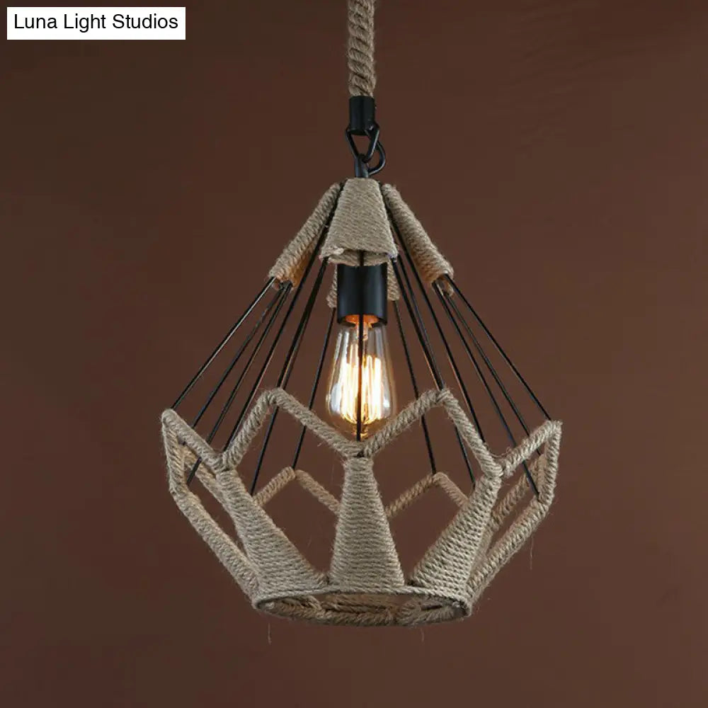 Rustic Single-Bulb Pendant Lamp With Natural Rope - Black/Brown