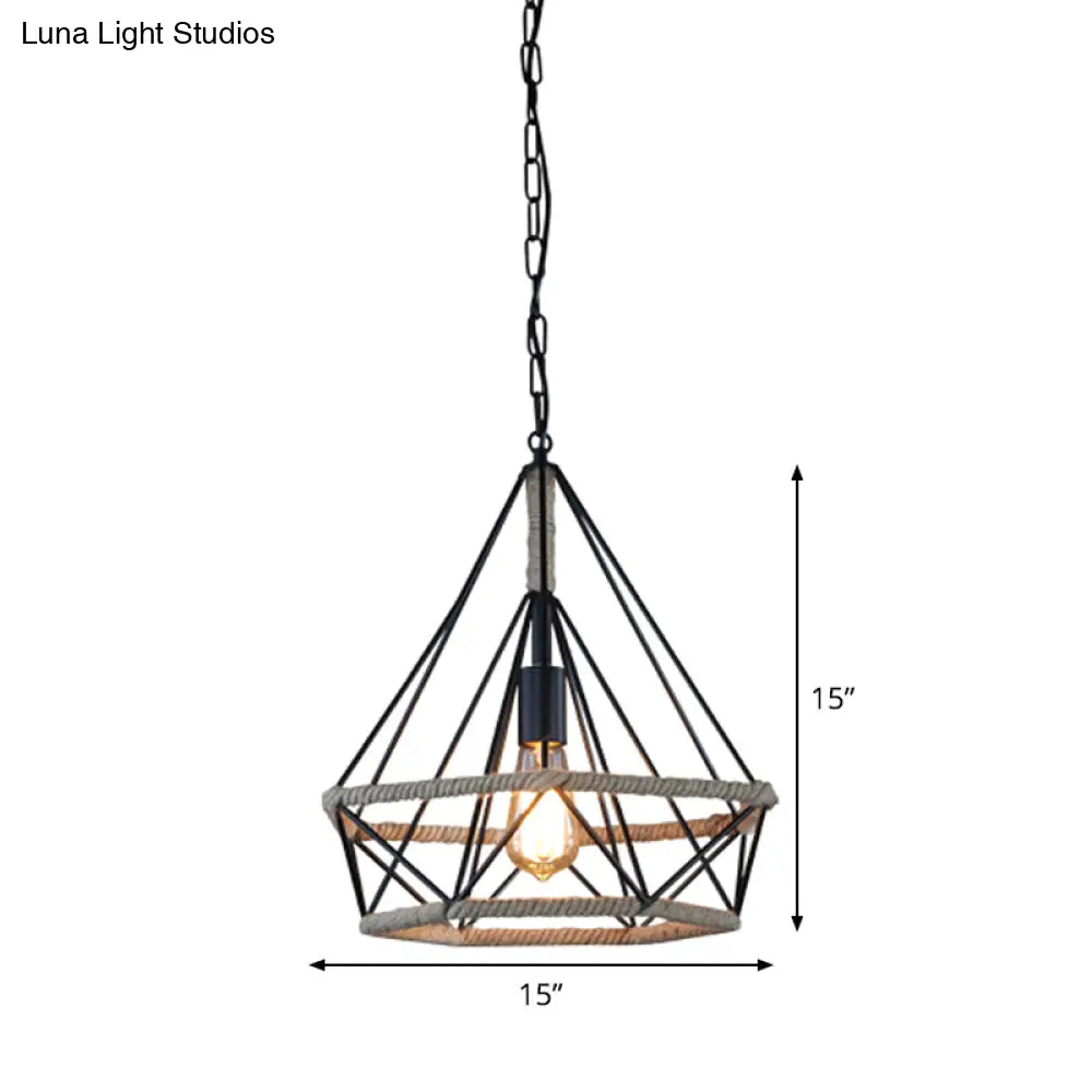 Rustic Flared Pendant Lamp With Natural Rope Suspension - Single-Bulb Light Fixture In Black/Brown