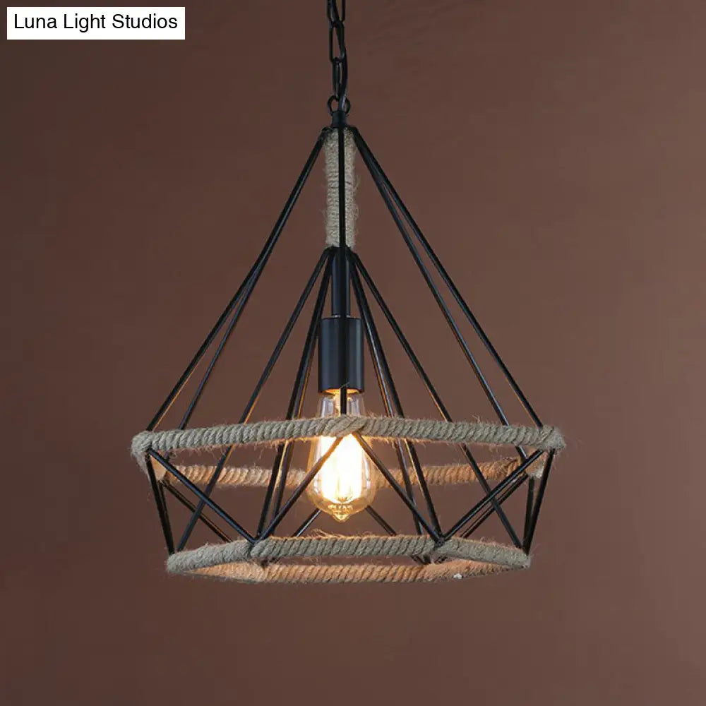 Rustic Flared Pendant Lamp With Natural Rope Suspension - Single-Bulb Light Fixture In Black/Brown