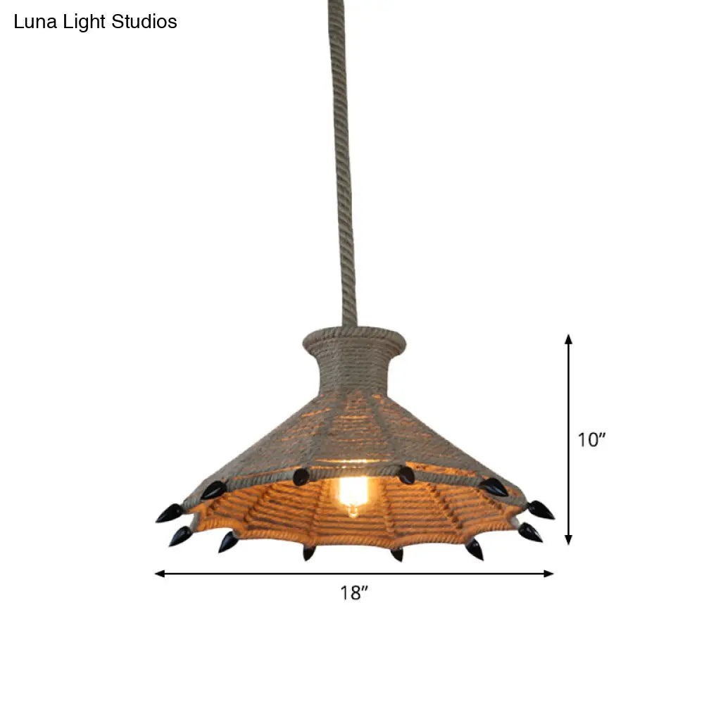 Rustic Flared Pendant Lamp With Natural Rope Suspension - Single-Bulb Light Fixture In Black/Brown