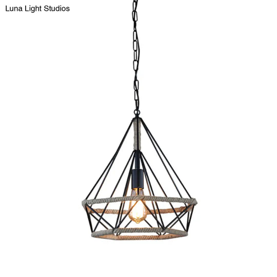 Rustic Single-Bulb Pendant Lamp With Natural Rope - Black/Brown Brown / A