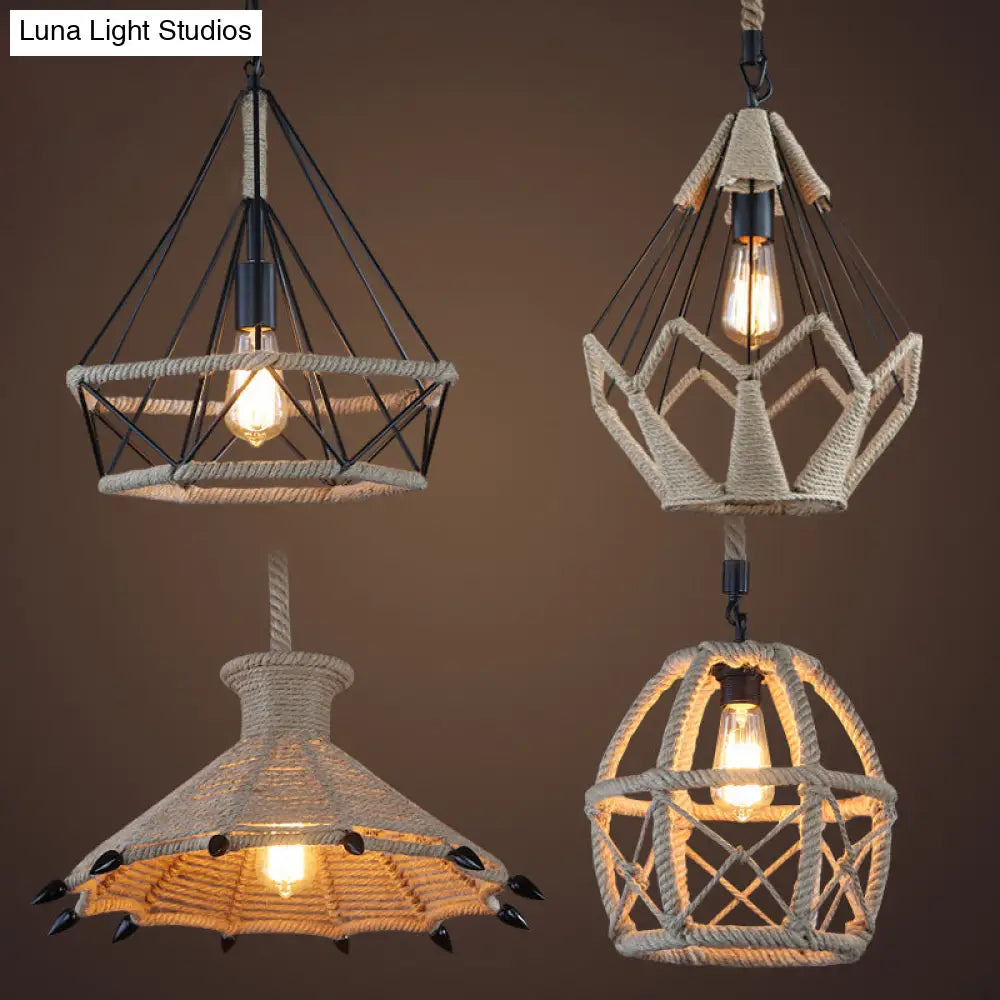 Rustic Flared Pendant Lamp With Natural Rope Suspension - Single-Bulb Light Fixture In Black/Brown