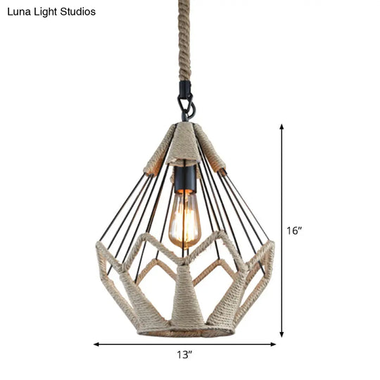 Rustic Flared Pendant Lamp With Natural Rope Suspension - Single-Bulb Light Fixture In Black/Brown