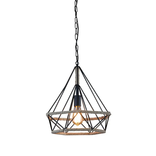 Rustic Flared Pendant Lamp With Natural Rope Suspension - Single-Bulb Light Fixture In Black/Brown