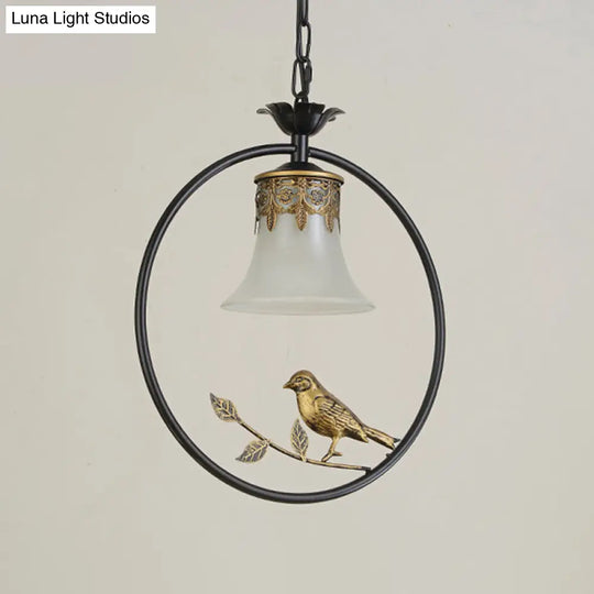 Rustic Flared Pendant Light Fixture With Frosted Glass And Bird Design In Black-Bronze Finish