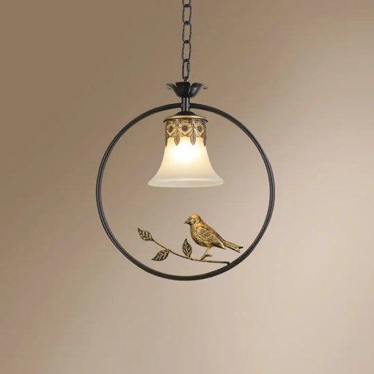 Rustic Flared Pendant Light Fixture With Frosted Glass And Bird Design In Black-Bronze Finish Black