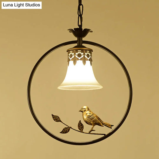 Rustic Flared Pendant Light Fixture With Frosted Glass And Bird Design In Black-Bronze Finish