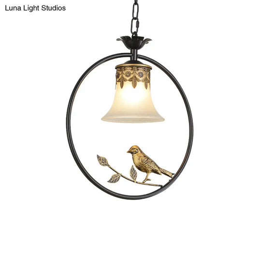 Rustic Flared Pendant Light Fixture With Frosted Glass And Bird Design In Black-Bronze Finish