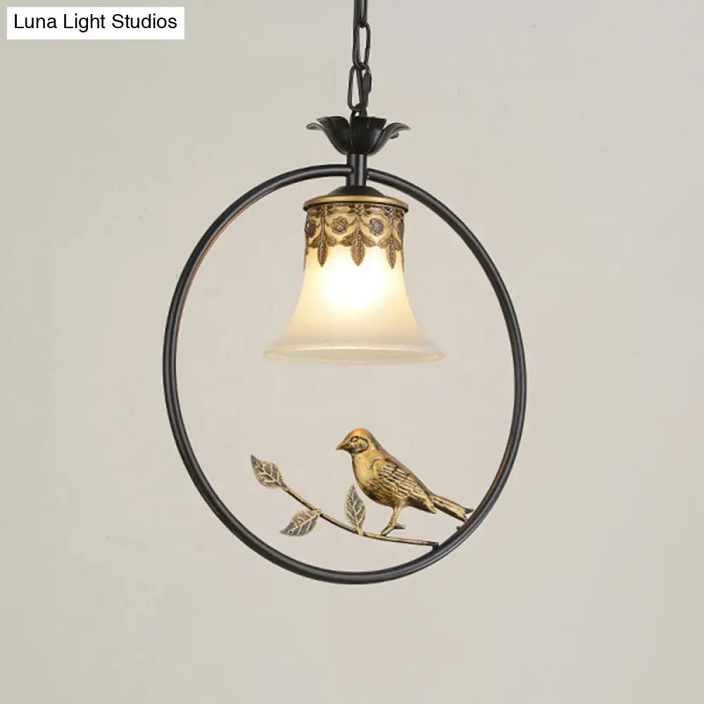 Rustic Flared Pendant Light Fixture With Frosted Glass And Bird Design In Black-Bronze Finish