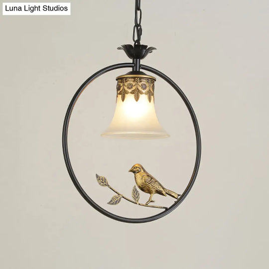 Rustic Flared Pendant Light Fixture With Frosted Glass And Bird Design In Black-Bronze Finish