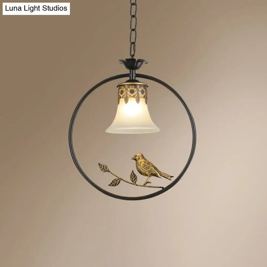 Rustic Flared Pendant Light Fixture With Frosted Glass And Bird Design In Black-Bronze Finish