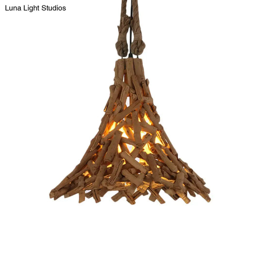 Flared Hanging Light Rustic Pendant With Wood Stick Design 1-Light Suspension In Beige - Indoor Use