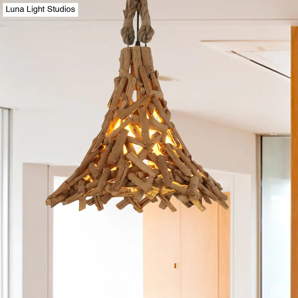 Flared Hanging Light Rustic Pendant With Wood Stick Design 1-Light Suspension In Beige - Indoor Use