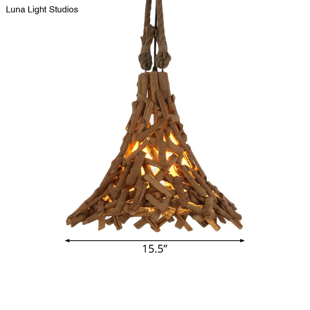 Rustic Flared Wood Sticks Hanging Pendant Light In Beige - Indoor Use