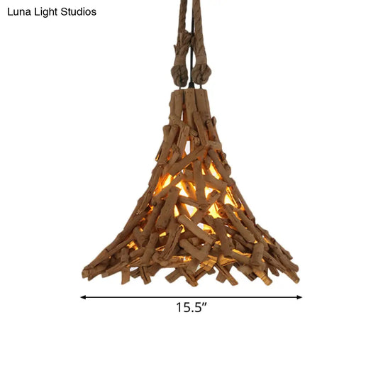 Flared Hanging Light Rustic Pendant With Wood Stick Design 1-Light Suspension In Beige - Indoor Use