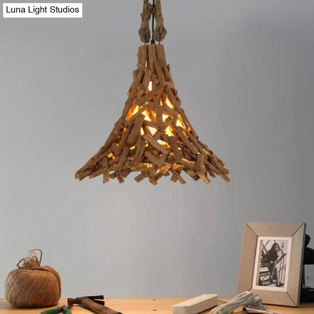 Flared Hanging Light Rustic Pendant With Wood Stick Design 1-Light Suspension In Beige - Indoor Use