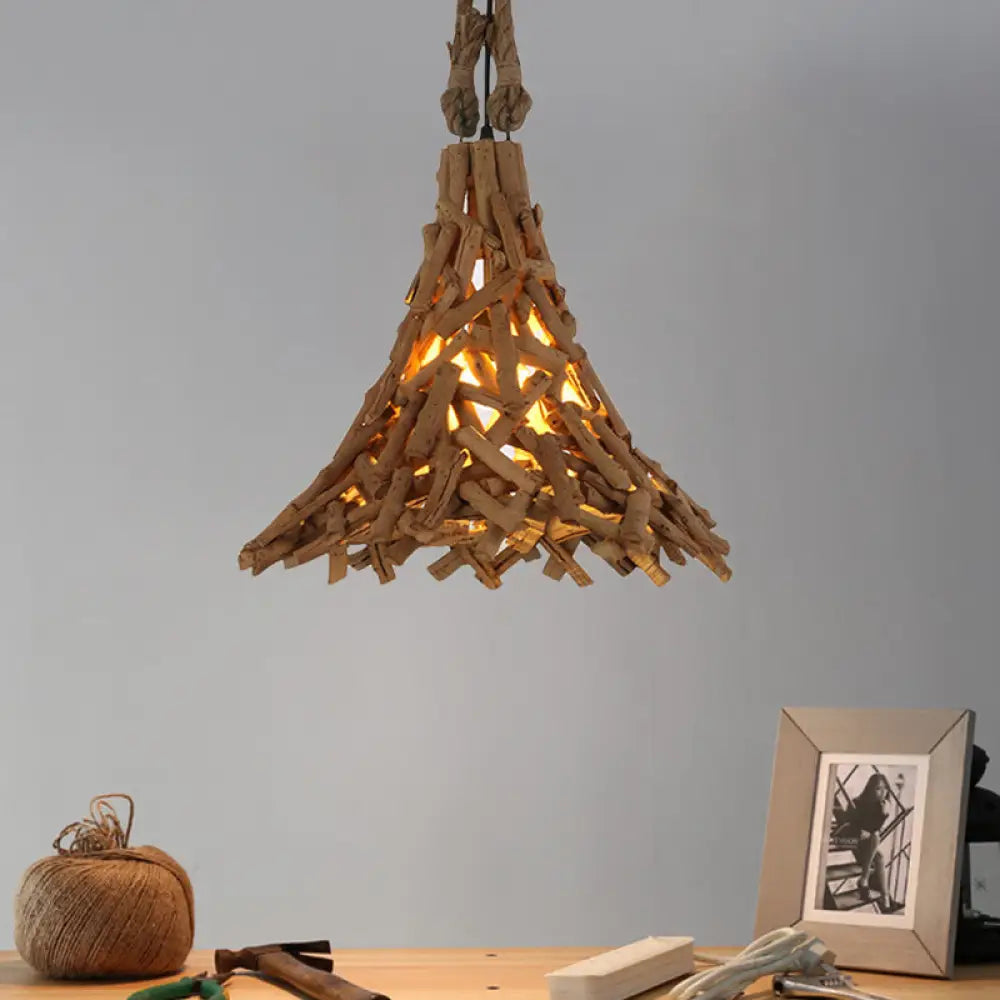 Rustic Flared Wood Sticks Hanging Pendant Light In Beige - Indoor Use