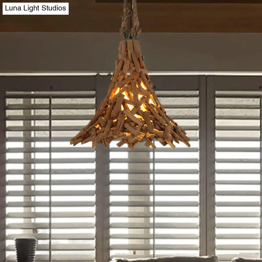 Flared Hanging Light Rustic Pendant With Wood Stick Design 1-Light Suspension In Beige - Indoor Use