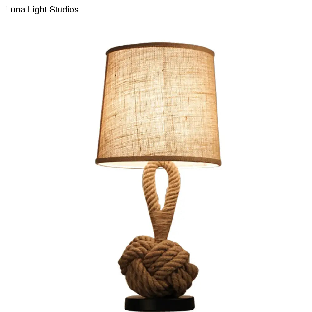 Rustic Flaxen Fabric Night Lamp With Twisted Rope Base - 1-Bulb Bucket Shade Table Light