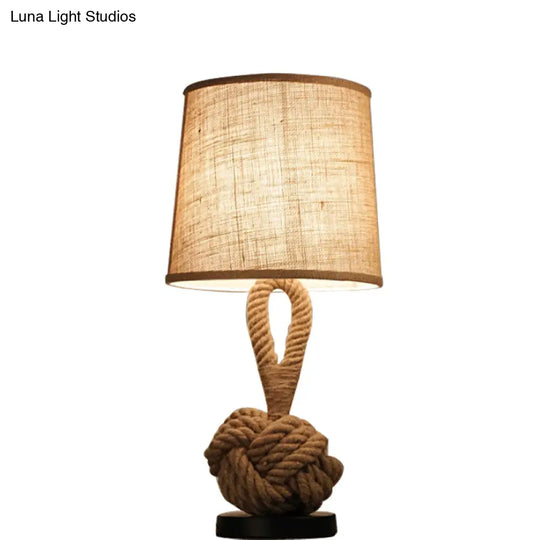 Rustic Flaxen Fabric Night Lamp With Twisted Rope Base - 1-Bulb Bucket Shade Table Light