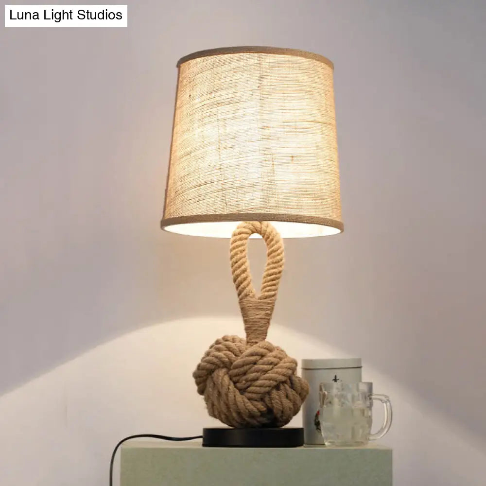 Rustic Flaxen Fabric Night Lamp With Twisted Rope Base - 1-Bulb Bucket Shade Table Light