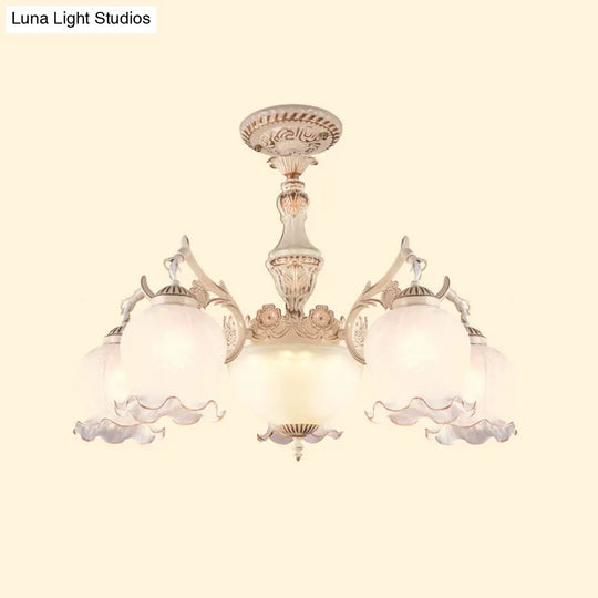 Rustic Floral Ceiling Light With White Glass Shades - 7/9/11 Head Semi Flush Mount For Living Room