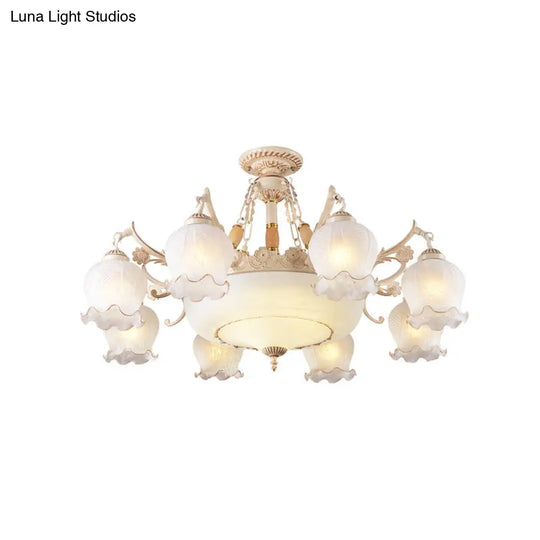 Rustic Floral Ceiling Light With White Glass Shades - 7/9/11 Head Semi Flush Mount For Living Room