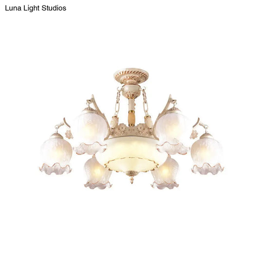 Rustic Floral Ceiling Light With White Glass Shades - 7/9/11 Head Semi Flush Mount For Living Room