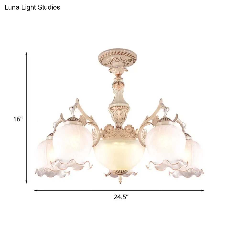 Rustic Floral Ceiling Light With White Glass Shades - 7/9/11 Head Semi Flush Mount For Living Room