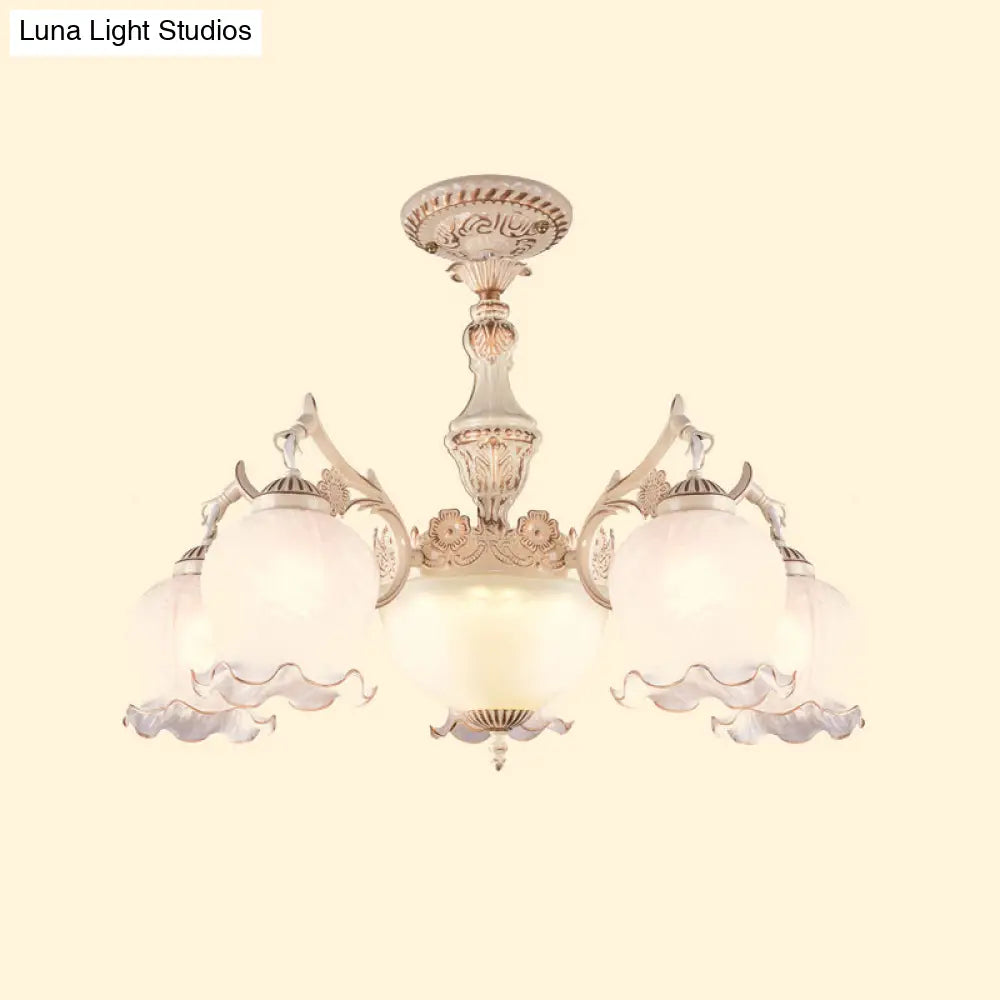 Rustic Floral Ceiling Light With White Glass Shades - 7/9/11 Head Semi Flush Mount For Living Room