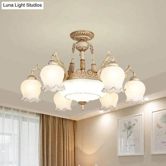 Rustic Floral Ceiling Light With White Glass Shades - 7/9/11 Head Semi Flush Mount For Living Room 9