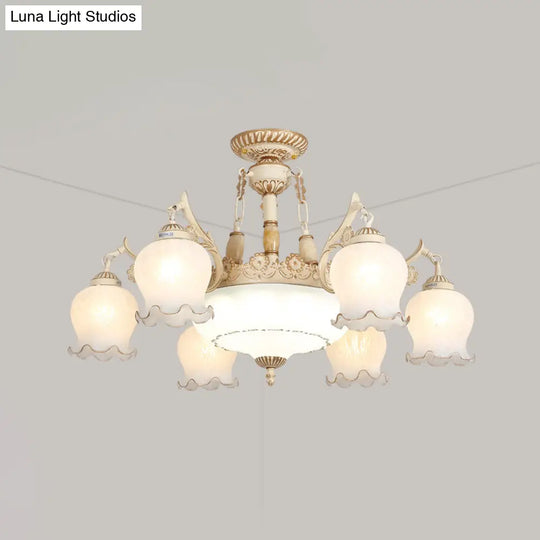 Rustic Floral Ceiling Light With White Glass Shades - 7/9/11 Head Semi Flush Mount For Living Room