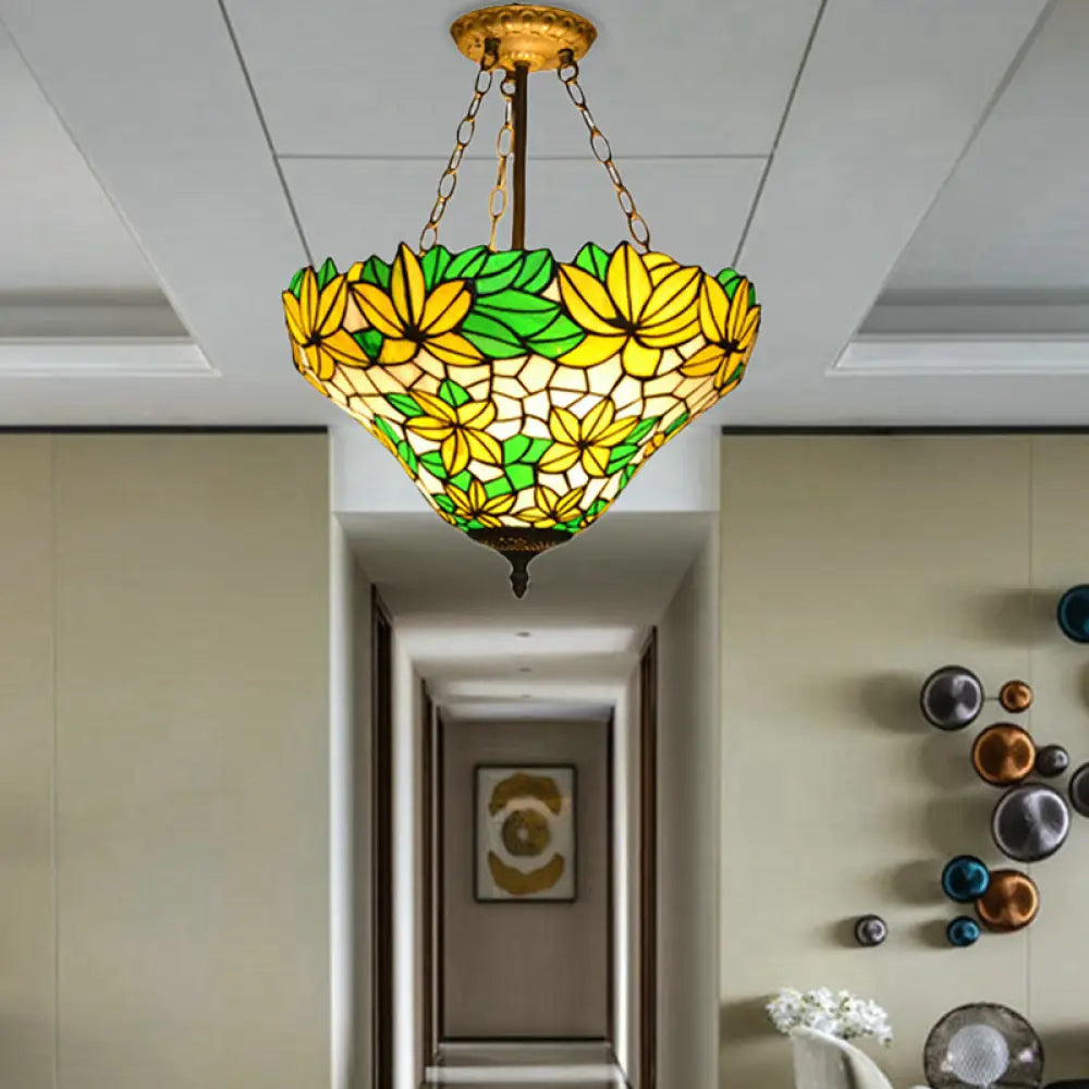 Rustic Floral Chandelier Pendant Light - Yellow Stained Glass For Kindergarten