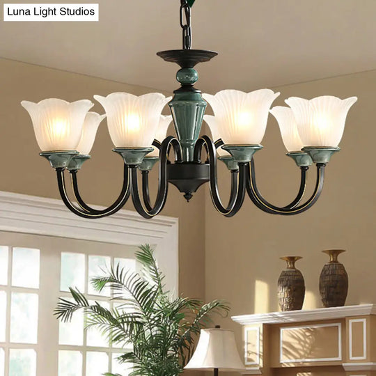 Rustic Floral Chandelier With Blackish Green Suspension And Frosted Glass For Living Room