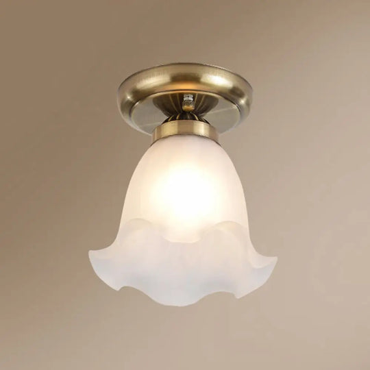 Rustic Floral Frosted White Glass Flush Mount Bedroom Ceiling Light Fixture Bronze