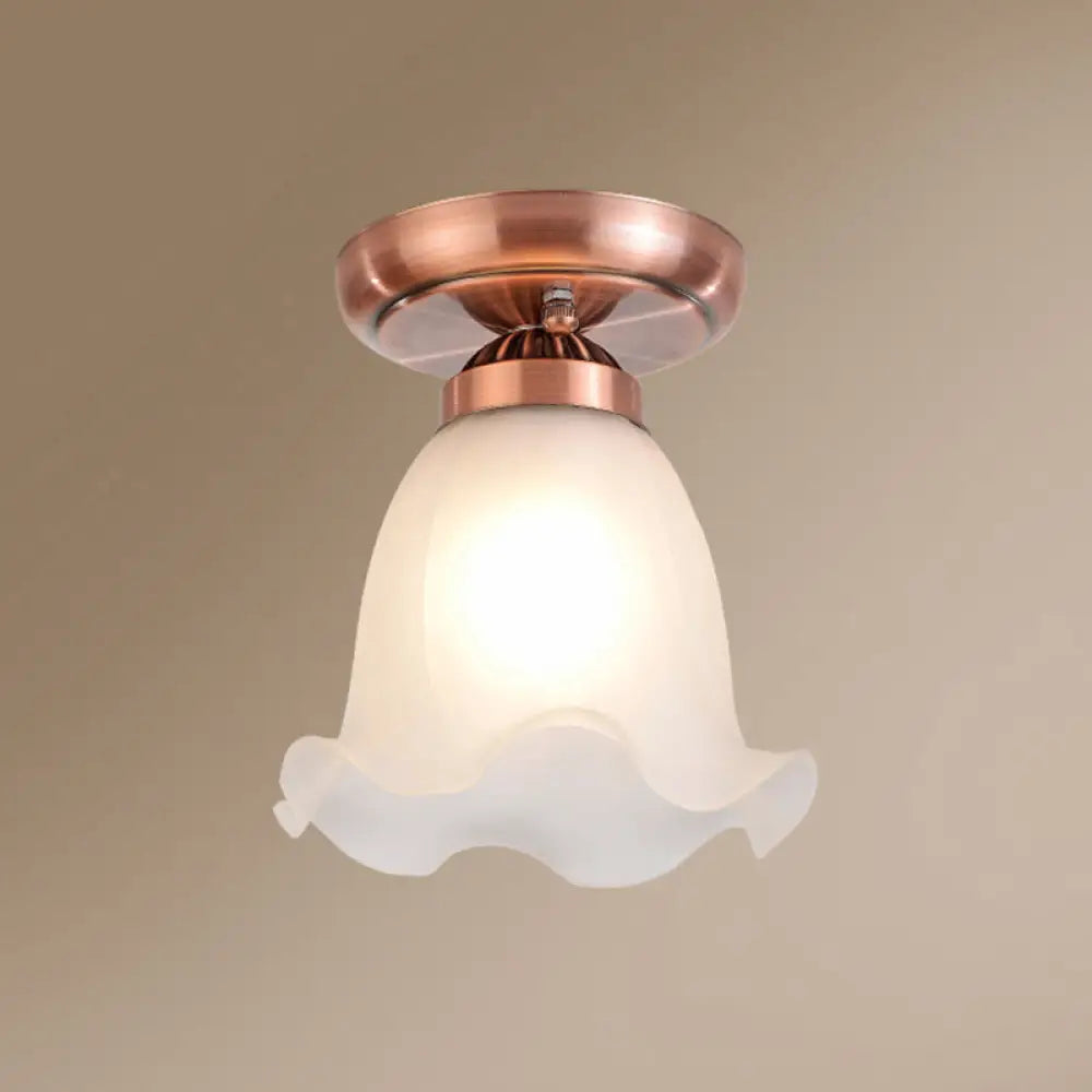 Rustic Floral Frosted White Glass Flush Mount Bedroom Ceiling Light Fixture Copper