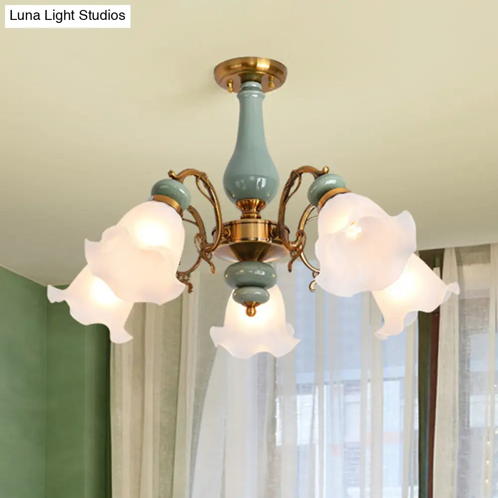Rustic Floral Semi Flush Mount Chandelier With Ruffle Glass Shades For Dining Room Ceiling 5 / Green