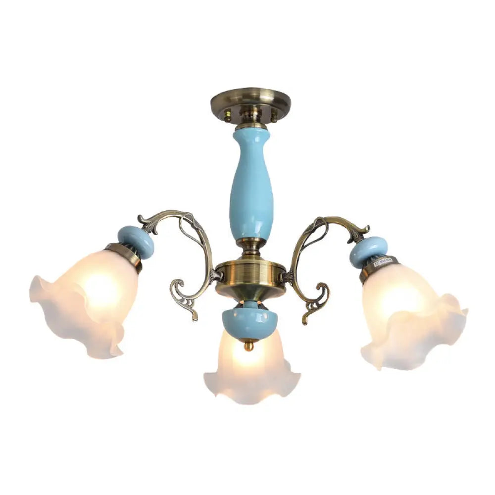 Rustic Floral Semi Flush Mount Chandelier With Ruffle Glass Shades For Dining Room Ceiling 3 / Blue
