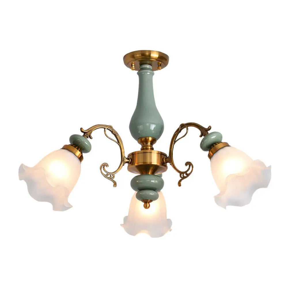 Rustic Floral Semi Flush Mount Chandelier With Ruffle Glass Shades For Dining Room Ceiling 3 / Green