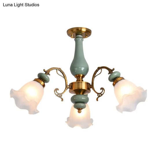 Rustic Floral Semi Flush Mount Chandelier With Ruffle Glass Shades For Dining Room Ceiling 3 / Green
