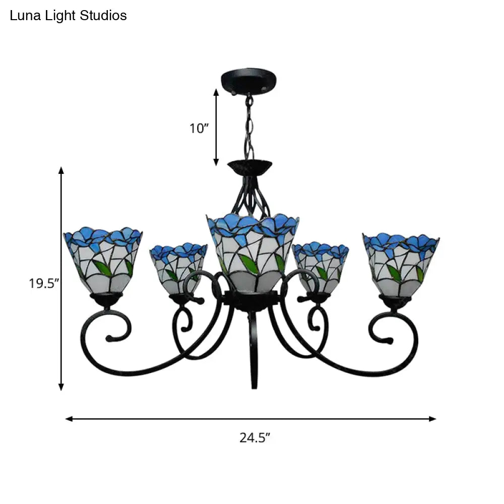 Rustic Floral Stained Glass Chandelier - Pink/Blue Multi-Light Pendant For Living Room