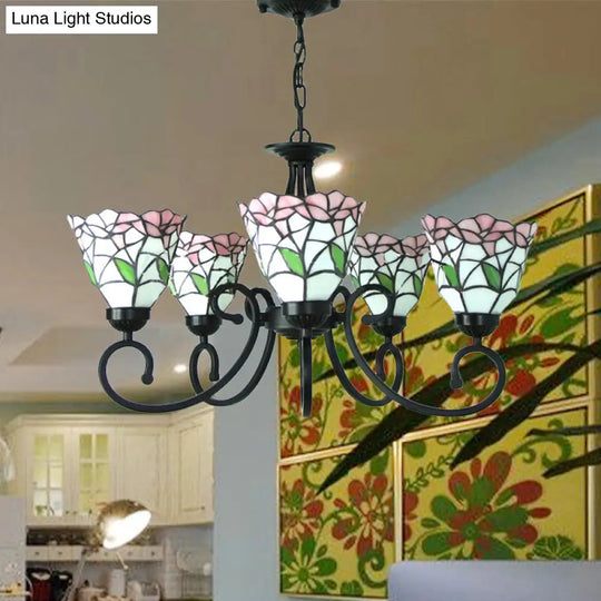 Rustic Floral Chandelier Stained Glass Pendant Lighting In Pink/Blue For Living Room Decor