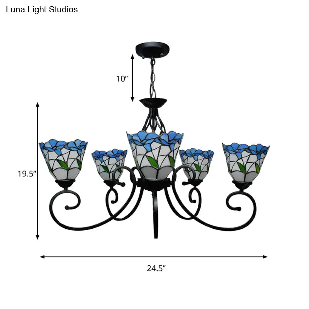 Rustic Floral Chandelier Stained Glass Pendant Lighting In Pink/Blue For Living Room Decor