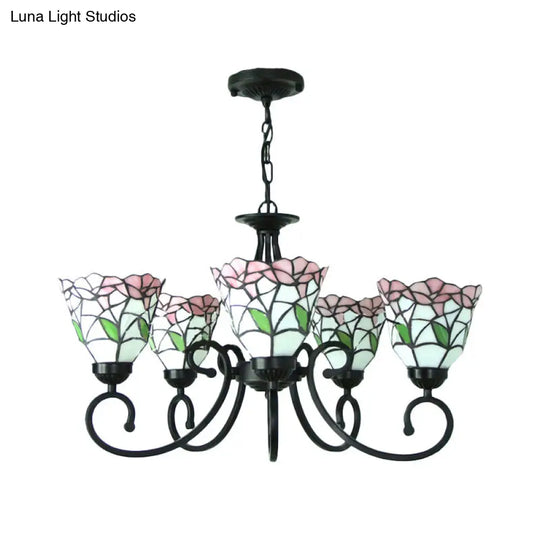 Rustic Floral Chandelier Stained Glass Pendant Lighting In Pink/Blue For Living Room Decor