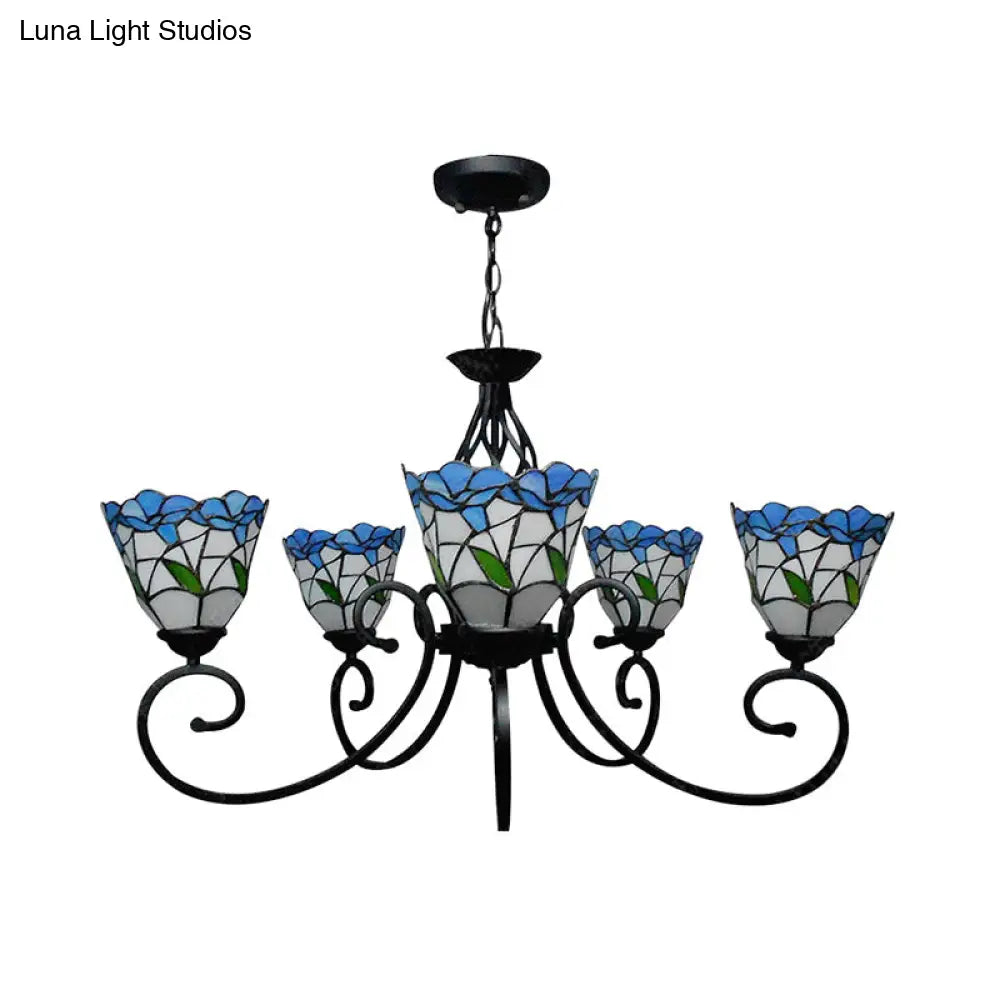 Rustic Floral Chandelier Stained Glass Pendant Lighting In Pink/Blue For Living Room Decor